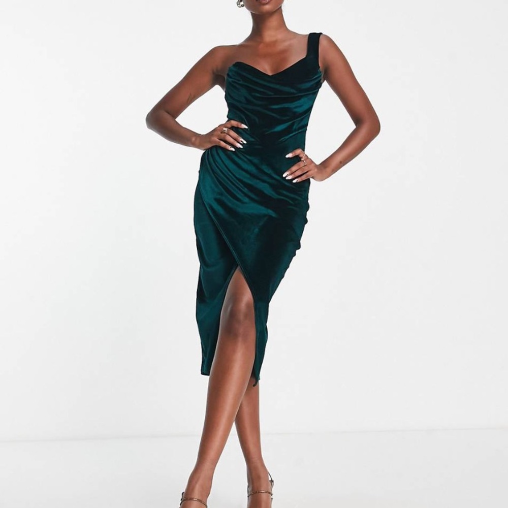 ASOS DESIGN one shoulder velvet drape corset ruched midi dress size 2 green
